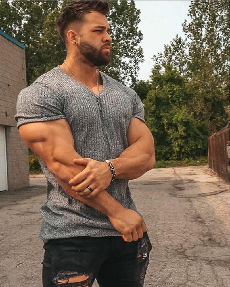 Men's Slim Fit V-Neck Fitness T-Shirt with Sports Straps