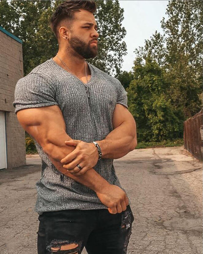 Men's Slim Fit V-Neck Fitness T-Shirt with Sports Straps